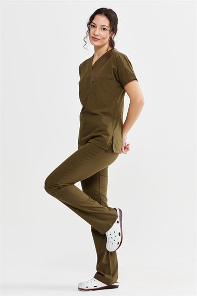 UltraLycra Spaniard - Likralı Doktor Hemşire Forma Takımı Scrubs Üniforma Cerrahi Takım (KADIN), Haki