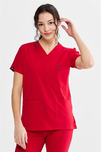 UltraLycra Spaniard - Likralı Doktor Hemşire Forma Takımı Scrubs Üniforma Cerrahi Takım (KADIN), Kırmızı