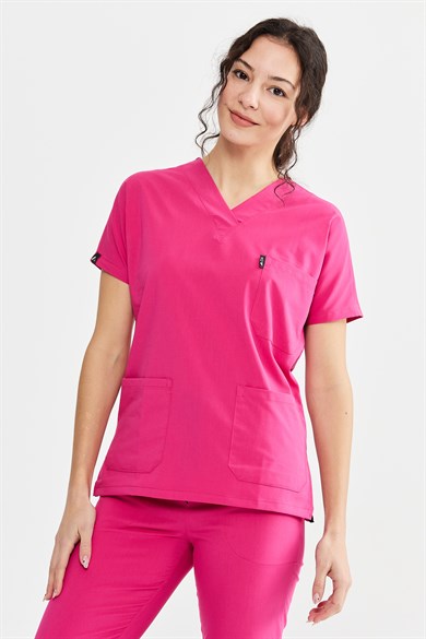 UltraLycra Spaniard - Likralı Doktor Hemşire Forma Takımı Scrubs Üniforma Cerrahi Takım (KADIN), Fuşya