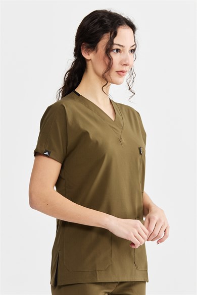 UltraLycra Spaniard - Likralı Doktor Hemşire Forma Takımı Scrubs Üniforma Cerrahi Takım (KADIN), Haki