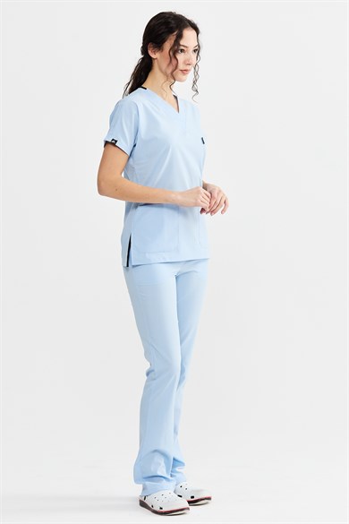 UltraLycra Spaniard - Likralı Doktor Hemşire Forma Takımı Scrubs Üniforma Cerrahi Takım (KADIN), Buz Mavi