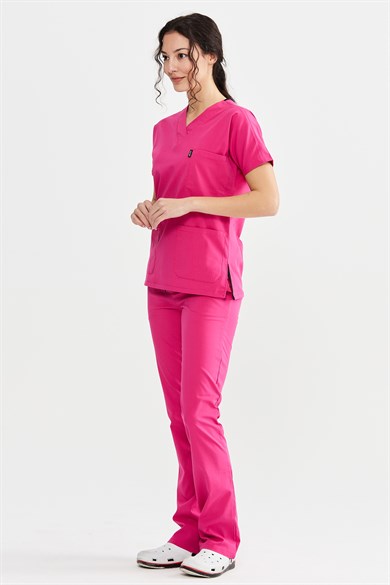 UltraLycra Spaniard - Likralı Doktor Hemşire Forma Takımı Scrubs Üniforma Cerrahi Takım (KADIN), Fuşya