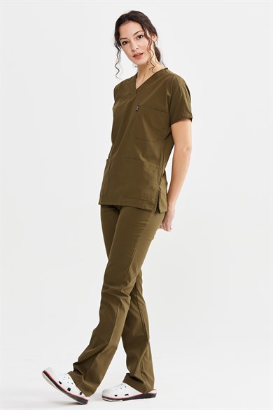 UltraLycra Spaniard - Likralı Doktor Hemşire Forma Takımı Scrubs Üniforma Cerrahi Takım (KADIN), Haki