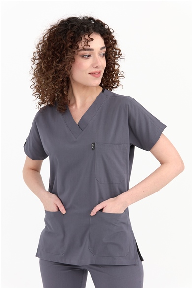 UltraLycra Spaniard - Likralı Doktor Hemşire Forma Takımı Scrubs Üniforma Cerrahi Takım (KADIN), Asfalt