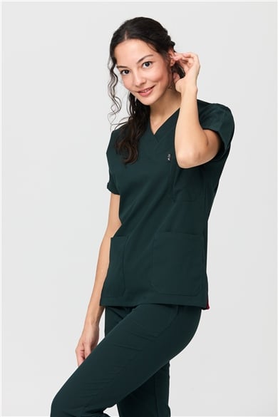 UltraLycra Spaniard - Likralı Doktor Hemşire Forma Takımı Scrubs Üniforma Cerrahi Takım (KADIN), Koyu Yeşil