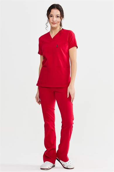 UltraLycra Spaniard - Likralı Doktor Hemşire Forma Takımı Scrubs Üniforma Cerrahi Takım (KADIN), Kırmızı