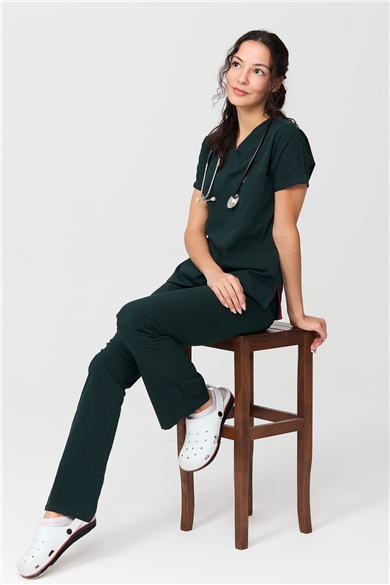 UltraLycra Spaniard - Likralı Doktor Hemşire Forma Takımı Scrubs Üniforma Cerrahi Takım (KADIN), Koyu Yeşil