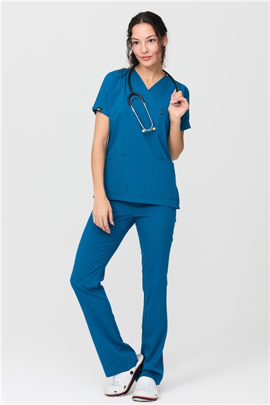 UltraLycra Spaniard - Likralı Doktor Hemşire Forma Takımı Scrubs Üniforma Cerrahi Takım (KADIN), Petrol Mavi