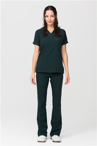 UltraLycra Spaniard - Likralı Doktor Hemşire Forma Takımı Scrubs Üniforma Cerrahi Takım (KADIN), Koyu Yeşil
