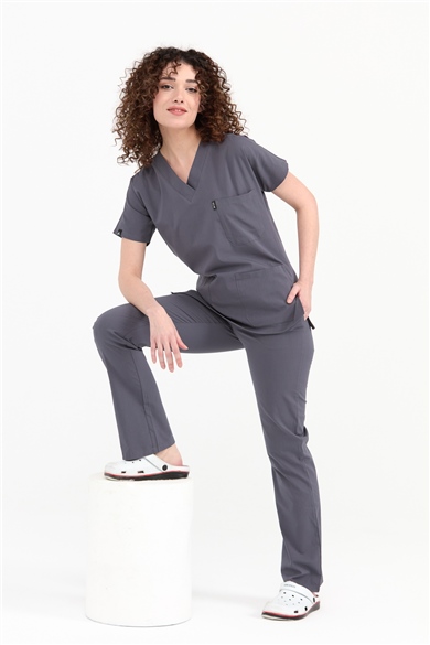 UltraLycra Spaniard - Likralı Doktor Hemşire Forma Takımı Scrubs Üniforma Cerrahi Takım (KADIN), Asfalt