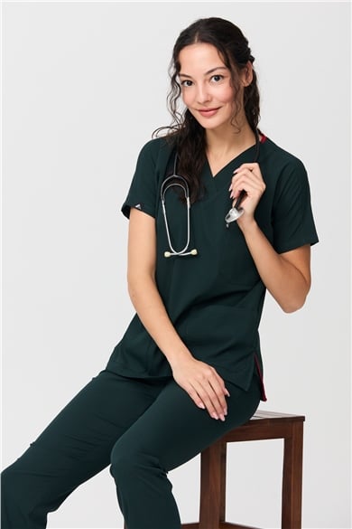 UltraLycra Spaniard - Likralı Doktor Hemşire Forma Takımı Scrubs Üniforma Cerrahi Takım (KADIN), Koyu Yeşil