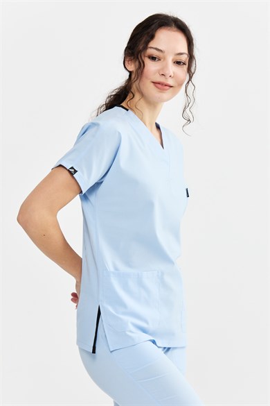 UltraLycra Spaniard - Likralı Doktor Hemşire Forma Takımı Scrubs Üniforma Cerrahi Takım (KADIN), Buz Mavi