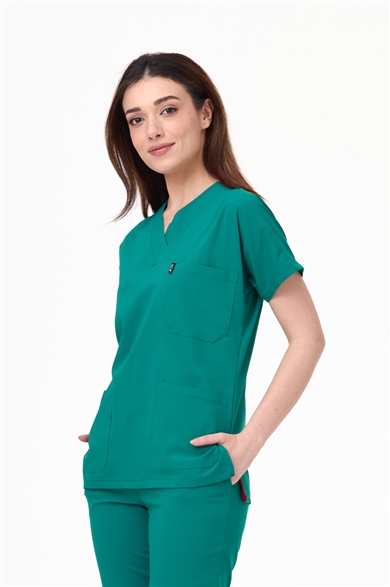 UltraLycra Spaniard - Likralı Doktor Hemşire Scrubs Tek Üst Cerrahi Forma (KADIN), Cerrahi Yeşil