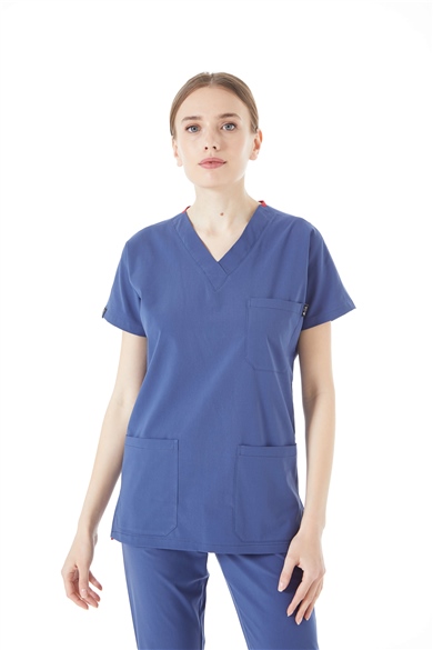UltraLycra Spaniard - Likralı Doktor Hemşire Scrubs Tek Üst Cerrahi Forma (KADIN), Fırtına Mavi