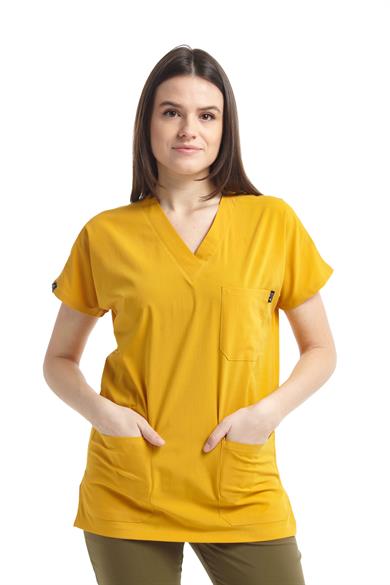 UltraLycra Spaniard - Likralı Doktor Hemşire Scrubs Tek Üst Cerrahi Forma (KADIN), Safran