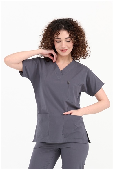 UltraLycra Spaniard - Likralı Doktor Hemşire Scrubs Tek Üst Cerrahi Forma (KADIN), Asfalt