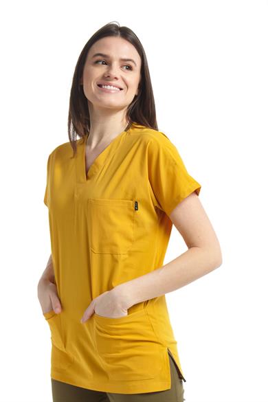 UltraLycra Spaniard - Likralı Doktor Hemşire Scrubs Tek Üst Cerrahi Forma (KADIN), Safran