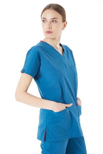 UltraLycra Spaniard - Likralı Doktor Hemşire Scrubs Tek Üst Cerrahi Forma (KADIN), Petrol Mavi