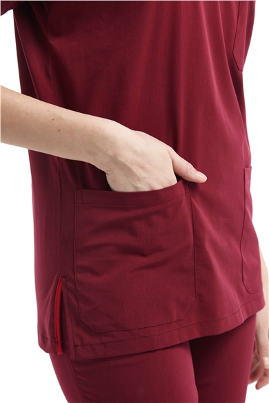 UltraLycra Spaniard - Likralı Doktor Hemşire Scrubs Tek Üst Cerrahi Forma (KADIN), Bordo