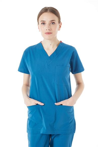 UltraLycra Spaniard - Likralı Doktor Hemşire Scrubs Tek Üst Cerrahi Forma (KADIN), Petrol Mavi