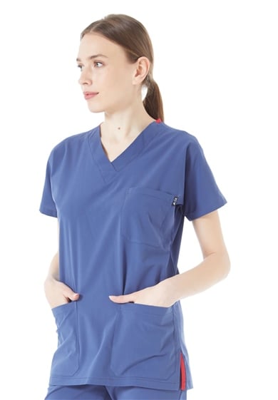 UltraLycra Spaniard - Likralı Doktor Hemşire Scrubs Tek Üst Cerrahi Forma (KADIN), Fırtına Mavi