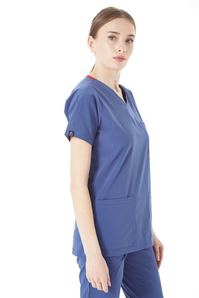 UltraLycra Spaniard - Likralı Doktor Hemşire Scrubs Tek Üst Cerrahi Forma (KADIN), Fırtına Mavi