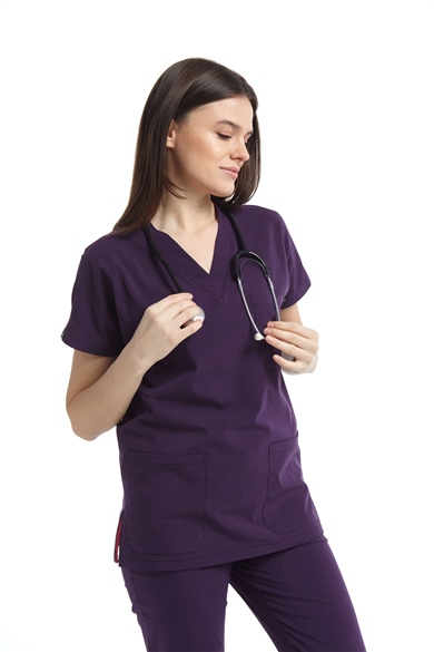 UltraLycra Spaniard - Likralı Doktor Hemşire Scrubs Tek Üst Cerrahi Forma (KADIN), Koyu Mor