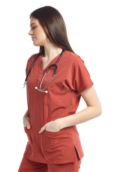 UltraLycra Spaniard - Likralı Doktor Hemşire Scrubs Tek Üst Cerrahi Forma (KADIN), Kiremit