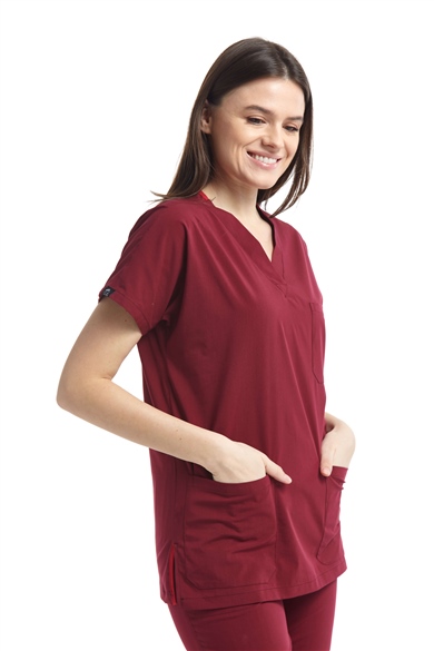 UltraLycra Spaniard - Likralı Doktor Hemşire Scrubs Tek Üst Cerrahi Forma (KADIN), Bordo