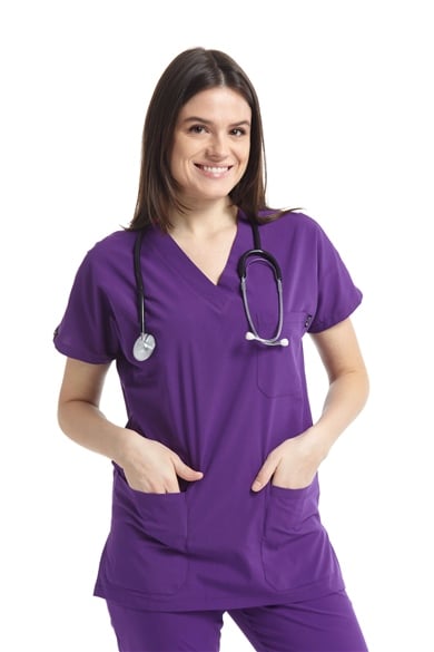 UltraLycra Spaniard - Likralı Doktor Hemşire Scrubs Tek Üst Cerrahi Forma (KADIN), Mor