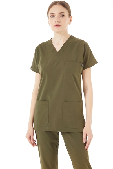 UltraLycra Spaniard - Likralı Doktor Hemşire Scrubs Tek Üst Cerrahi Forma (KADIN), Haki
