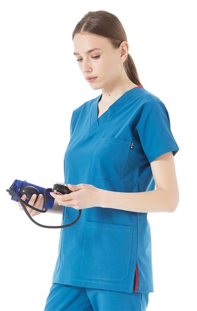 UltraLycra Spaniard - Likralı Doktor Hemşire Scrubs Tek Üst Cerrahi Forma (KADIN), Petrol Mavi