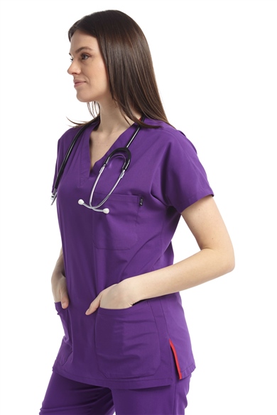 UltraLycra Spaniard - Likralı Doktor Hemşire Scrubs Tek Üst Cerrahi Forma (KADIN), Mor