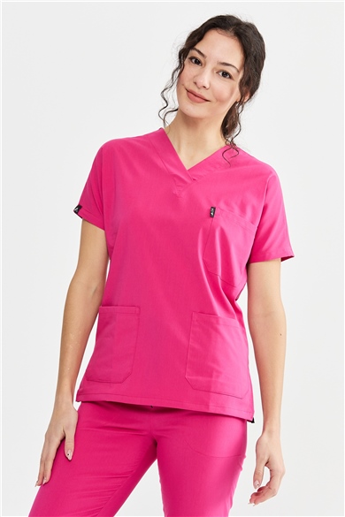 UltraLycra Spaniard - Likralı Doktor Hemşire Scrubs Tek Üst Cerrahi Forma (KADIN), Fuşya