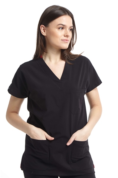 UltraLycra Spaniard - Likralı Doktor Hemşire Scrubs Tek Üst Cerrahi Forma (KADIN), Siyah