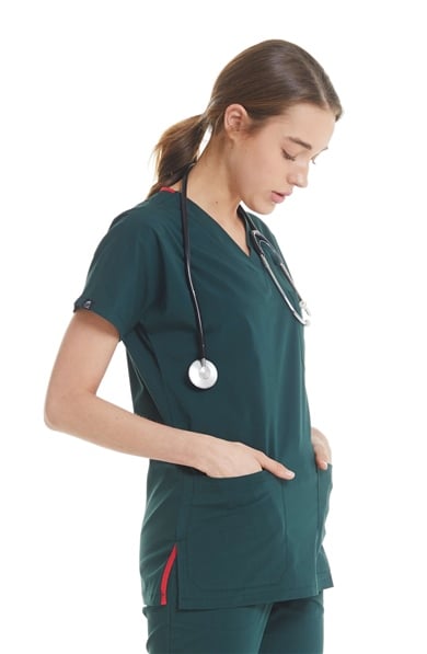 UltraLycra Spaniard - Likralı Doktor Hemşire Scrubs Tek Üst Cerrahi Forma (KADIN), Koyu Yeşil