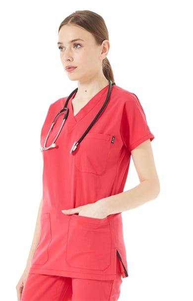 UltraLycra Spaniard - Likralı Doktor Hemşire Scrubs Tek Üst Cerrahi Forma (KADIN), Nar Çiçeği