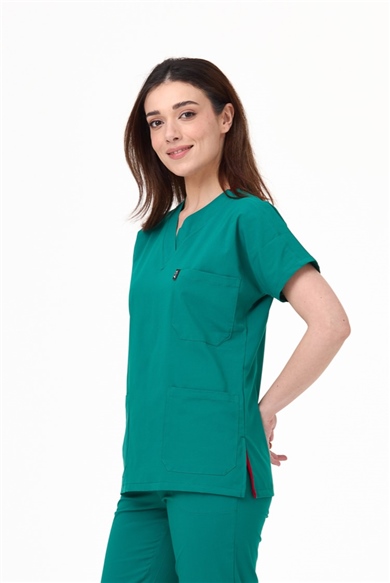 UltraLycra Spaniard - Likralı Doktor Hemşire Scrubs Tek Üst Cerrahi Forma (KADIN), Cerrahi Yeşil