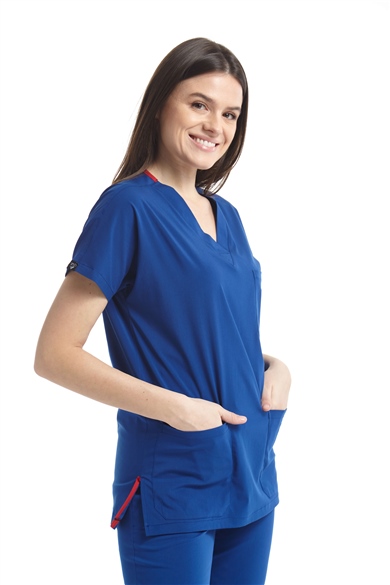 UltraLycra Spaniard - Likralı Doktor Hemşire Scrubs Tek Üst Cerrahi Forma (KADIN), Saks