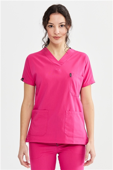UltraLycra Spaniard - Likralı Doktor Hemşire Scrubs Tek Üst Cerrahi Forma (KADIN), Fuşya