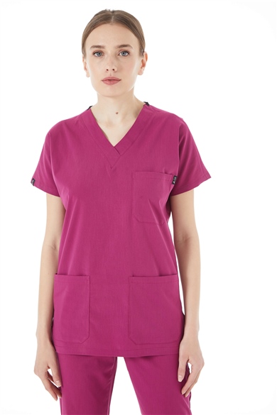 UltraLycra Spaniard - Likralı Doktor Hemşire Scrubs Tek Üst Cerrahi Forma (KADIN), Vişne