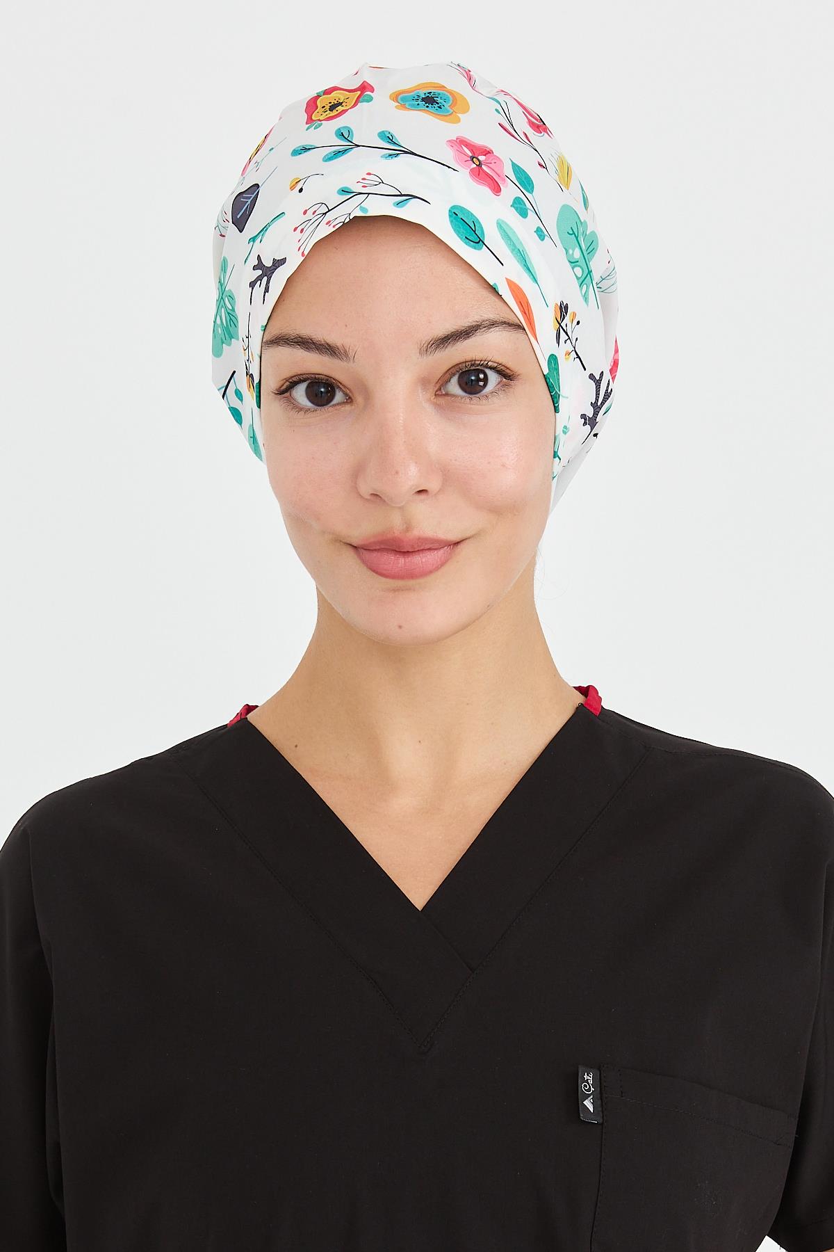 Carnival Doktor Hemşire Cerrahi Bone Aşçı Bonesi İş Bandanası, Sulu Boya Çiçek