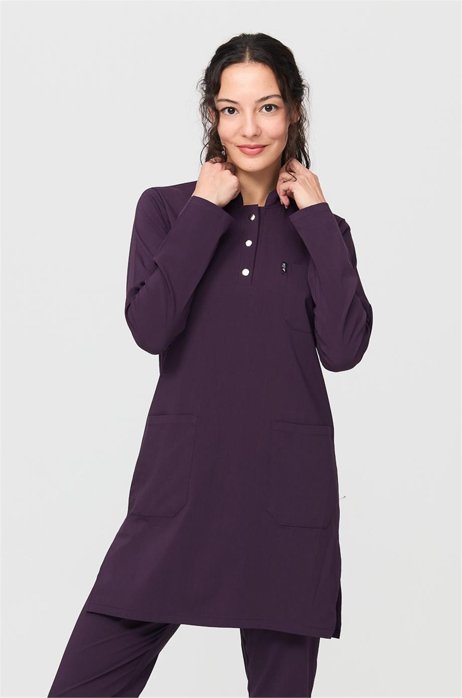 UltraLycra Modest - Likralı Doktor Hemşire Tesettür Tek Üst Forma, Koyu Mor