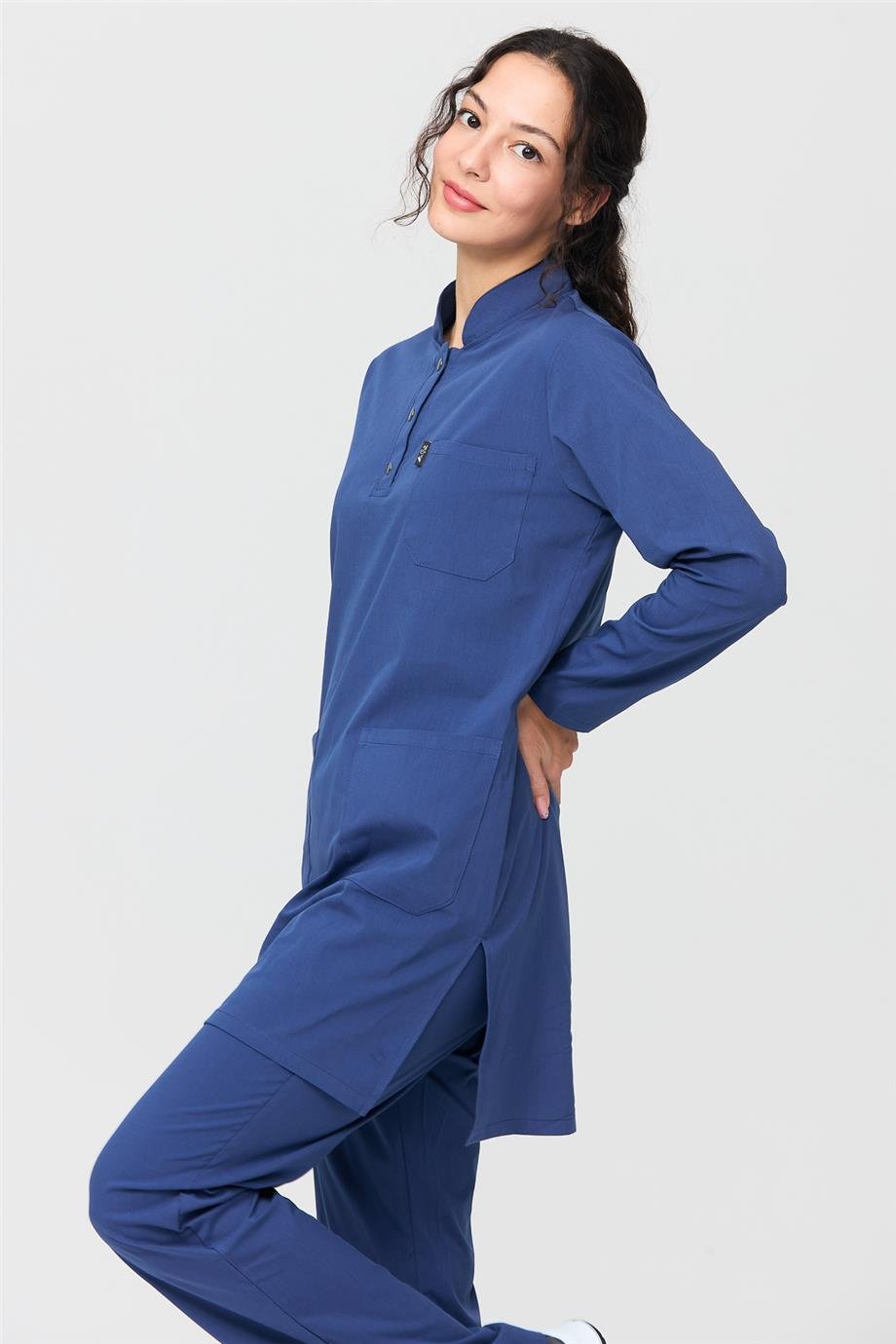 UltraLycra Modest - Likralı Doktor Hemşire Tesettür Tek Üst Forma, Fırtına Mavi
