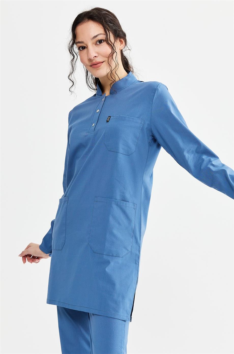 UltraLycra Modest - Likralı Doktor Hemşire Tesettür Tek Üst Forma, İndigo