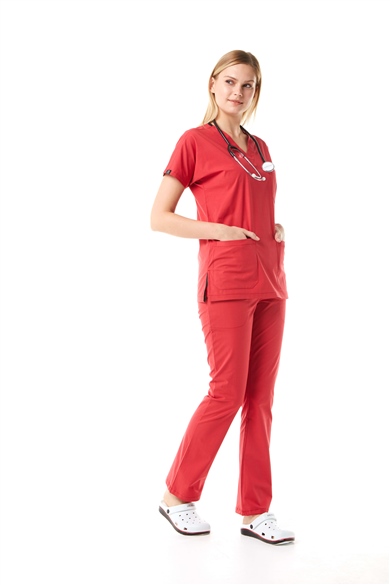 Likralı V Yaka Yarasa Kol Hemşire Doktor Forma Takımı, Kırmızı