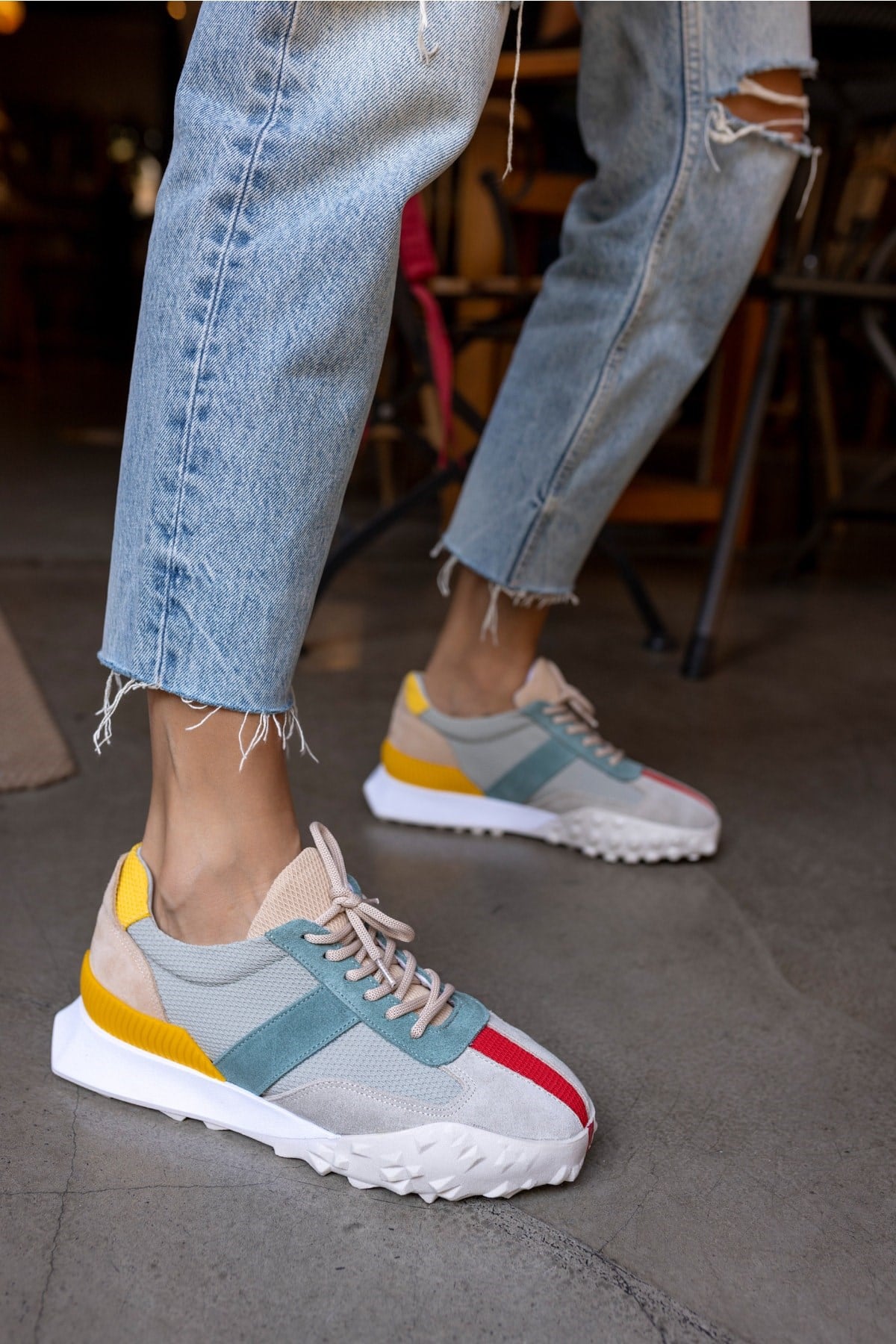 Lascor Kadın Bej Yeşil Garnılı Gercek Suet Sneaker