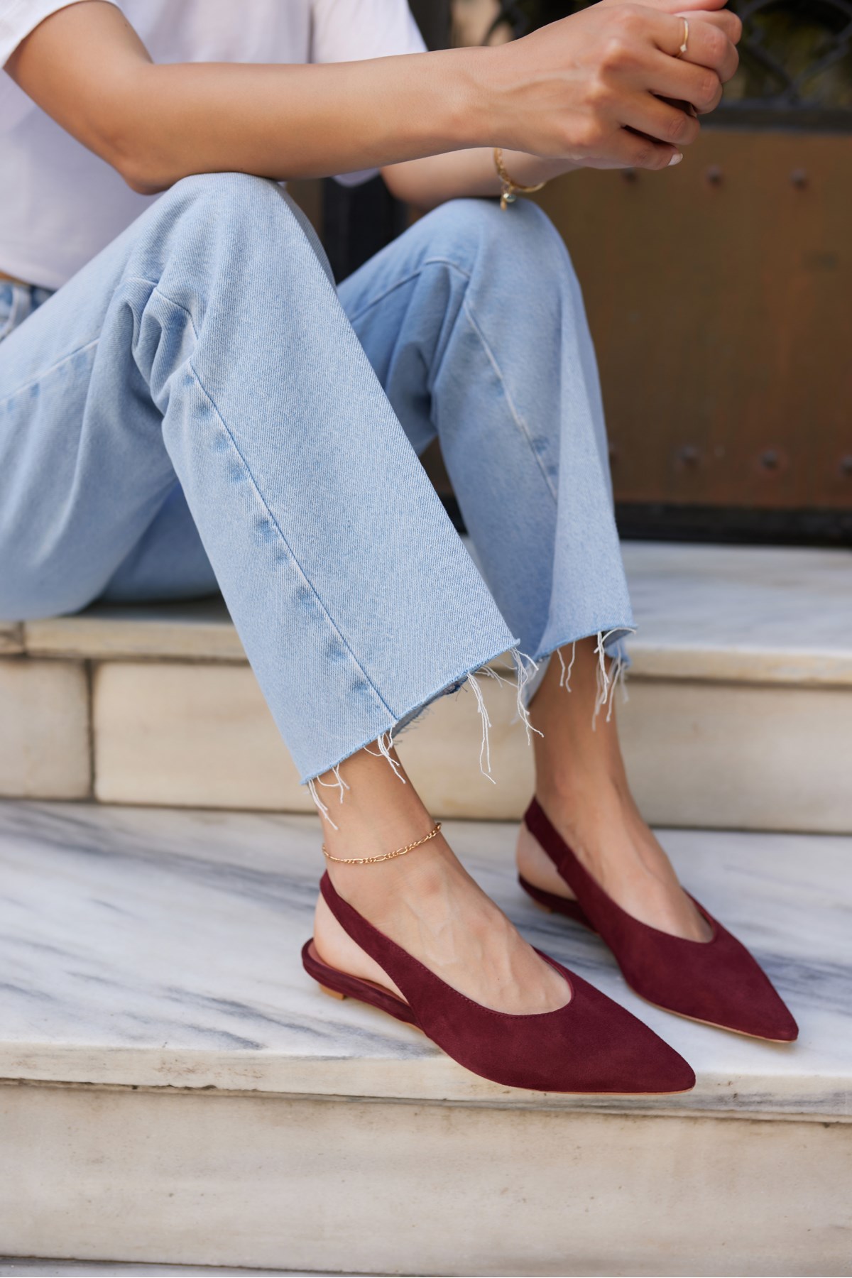 VERA KADIN BORDO GERCEK SUET MINI TOPUKLU SLINGBACK AYAKKABİ