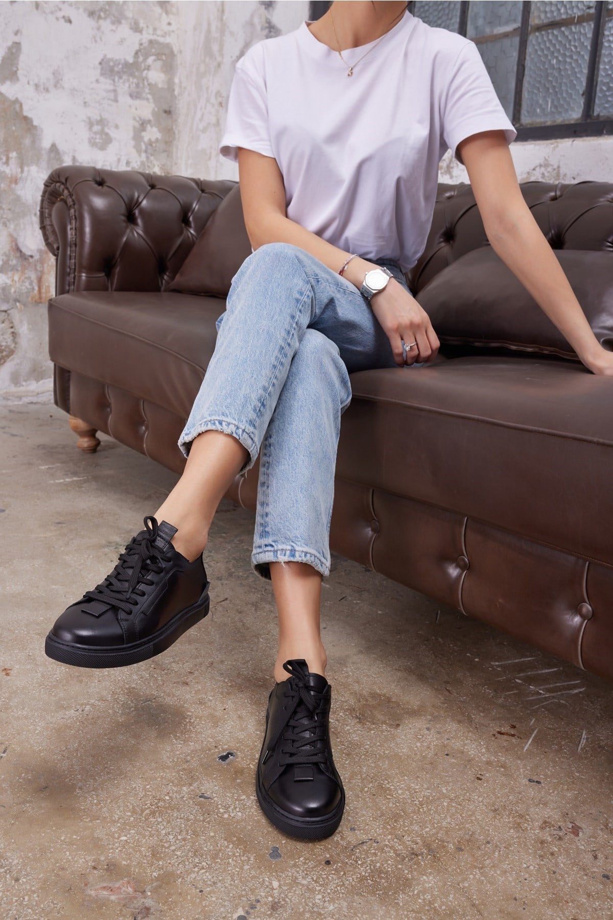 Junya Kadın Siyah Gercek Deri Sneaker