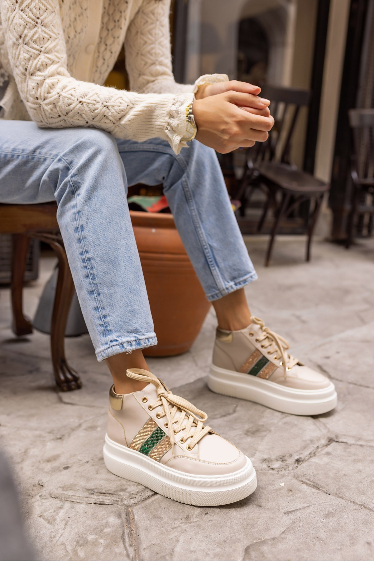 TOBERS KADIN BEJ TAŞ DETAY SNEAKER